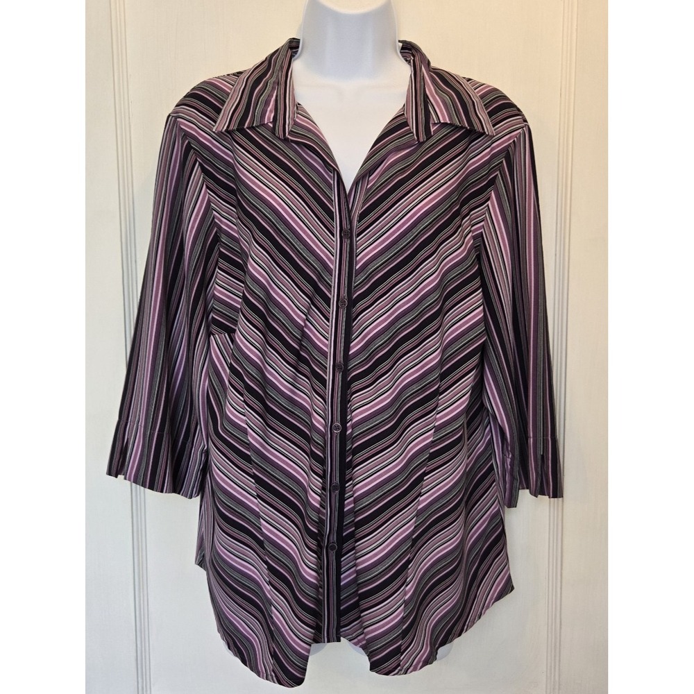 Covington Woman Women's Striped Button Up Collared Blouse 3/4 Sleeve Size 16W